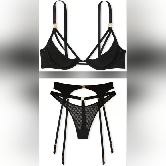 SDD/M VS Icon Logo Lace Open Cup Demi Bra Icon Garter Thong Panty Set - Picture 1 of 9